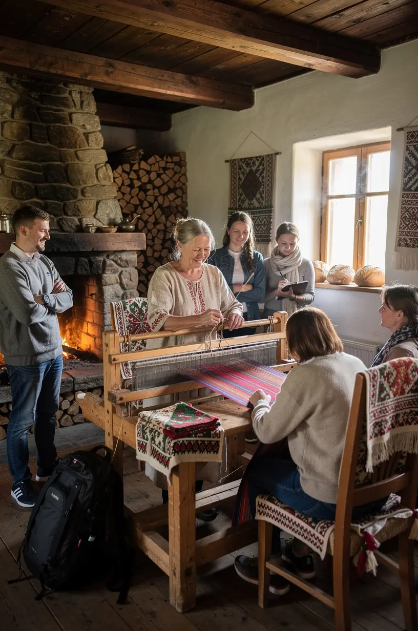 Fotografija iš amatų dirbtuvių viduje, kur vietiniai meistrai demonstruoja tradicinius audimo ir keramikos įgūdžius lankytojams.